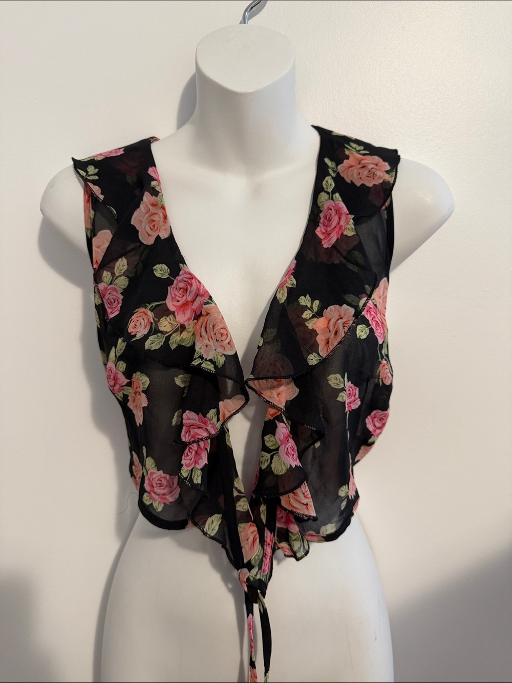 Forever 21 Black Floral Ruffle Tie-Front Camisole